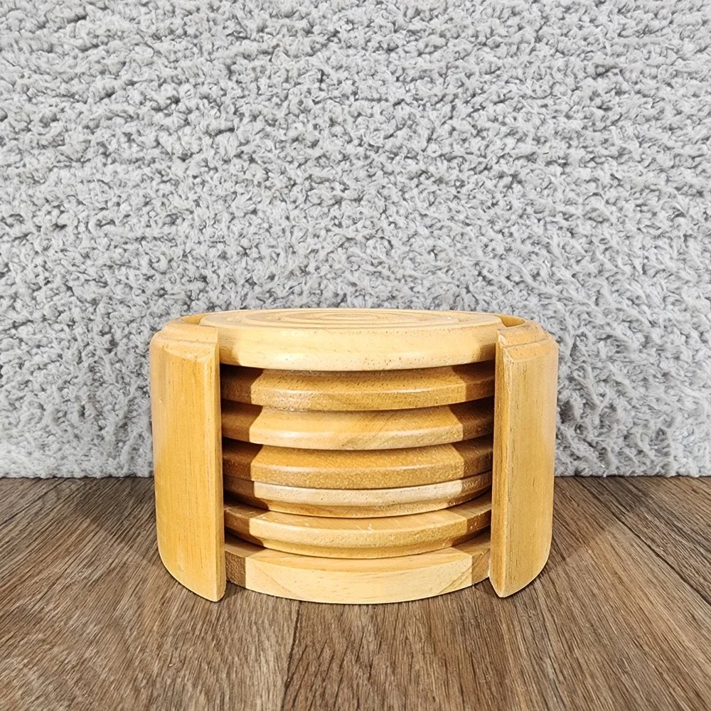Kamenstein‎ Natural Wood Coaster Set with Caddy 6 Piece Round Concentric Rings